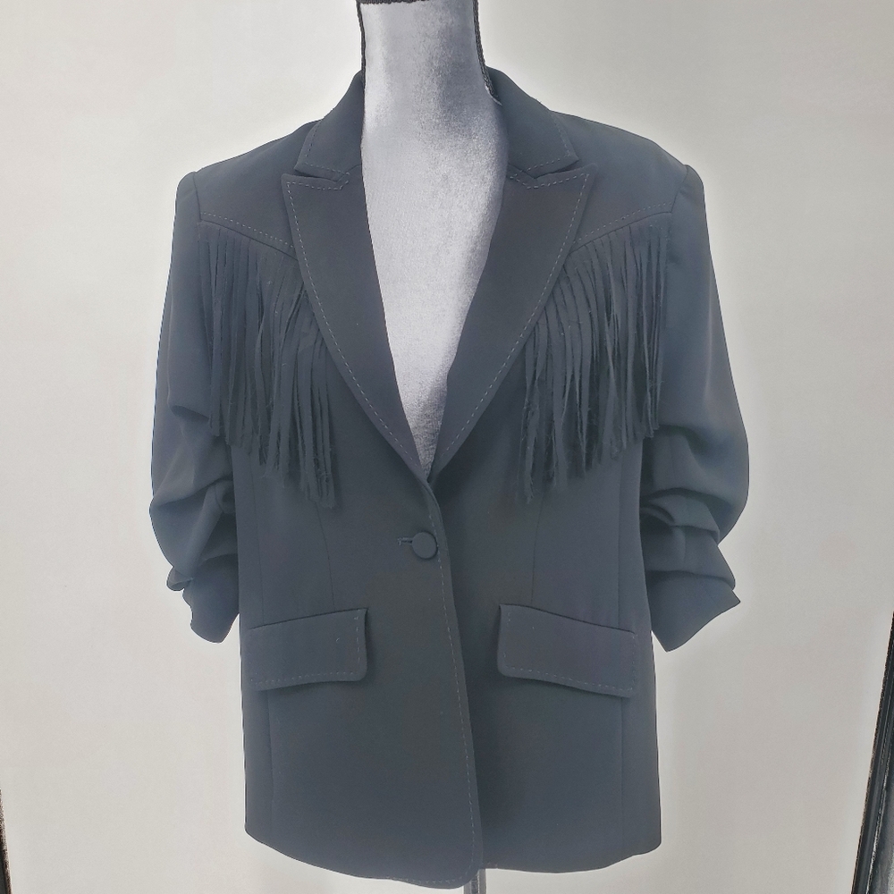 Cinq A Sept Dani Fringe Crepe Blazer Size 4 Black